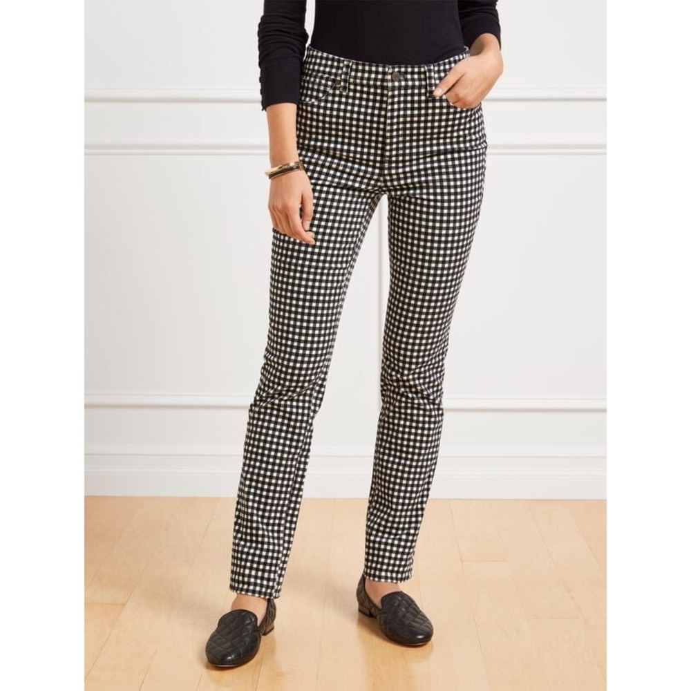 Talbots Stretch Corduroy Straight Leg Pants Buffalo Check Plaid Black White 14
